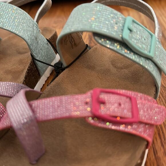 Girls Toddler Pink Blue Shimmer Sandal Toe Loop Cork Bed Various Sizes NWT - Picture 4 of 7